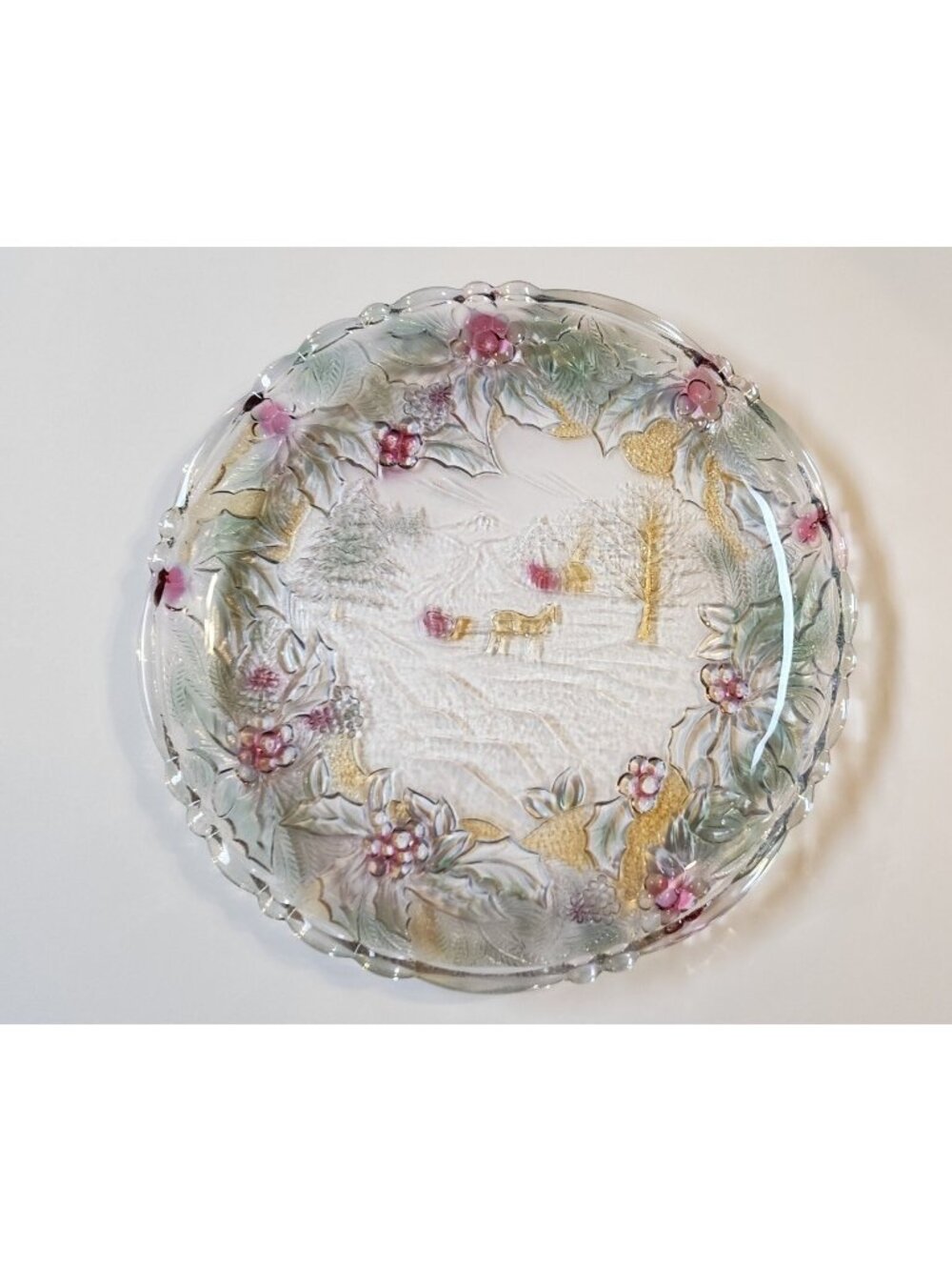 Christmas Serving Platter Plate Vintage Heavy Glass Tray Holly Winter Scene